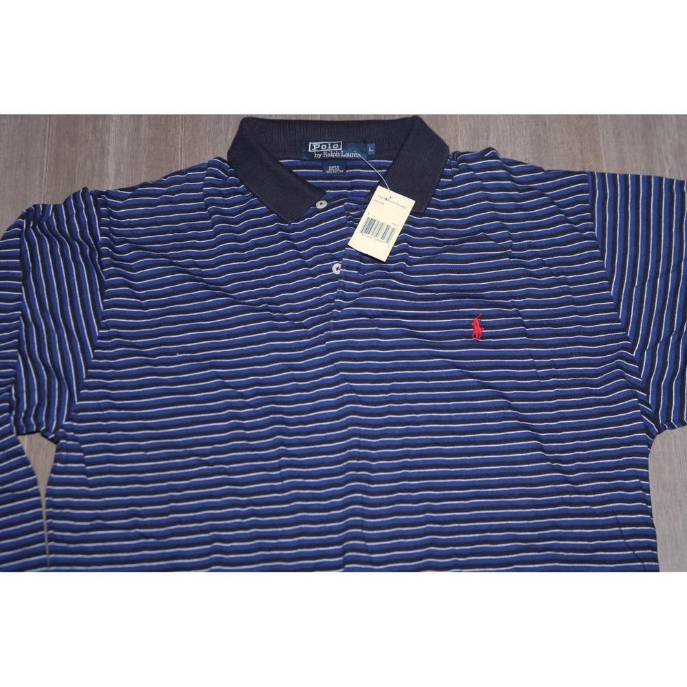 Vintage Polo Ralph Lauren Mens Long Sleeve Striped Polo Shirt Blue Navy NWT L